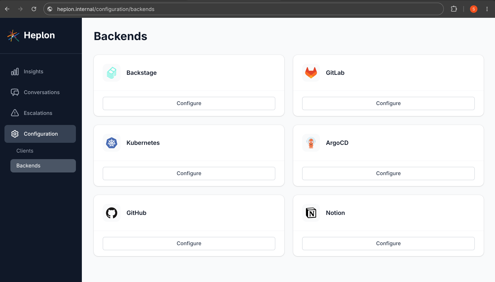Heplon backends configuration screen showing integrations for Backstage, GitLab, Kubernetes, ArgoCD, GitHub, and Notion